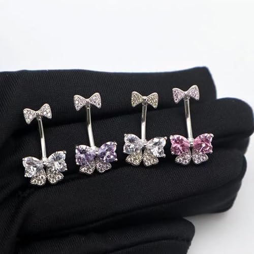 14G Rhinestone Bowknot Belly Button Ring for Women - Stainless Steel CZ Crystal Bow Navel Curved Barbell - Sparkling Body Piercing Jewelry - color: Purple