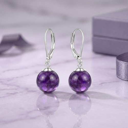 Pearl Leverback Earrings for Women Dangle Round Gemstone Earrings Birthstone Jewelry Gift Anniversary for Her - color: 23 Amethyst