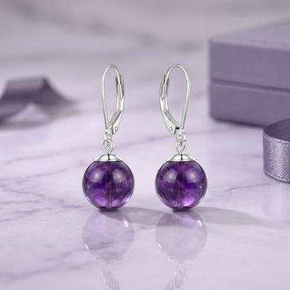 Pearl Leverback Earrings for Women Dangle Round Gemstone Earrings Birthstone Jewelry Gift Anniversary for Her - color: 23 Amethyst