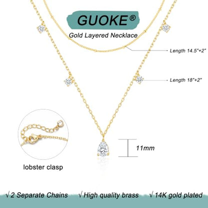 Gold Necklace Stack, Layered Gold Necklaces for Women Jewelry Set | 14K Gold Plated, Separate Chains, Pendant, Dainty, Non Tarnish, Delicate, Chain, Multi, Gift - color: 2 Layer-Teardrop Sation Gold