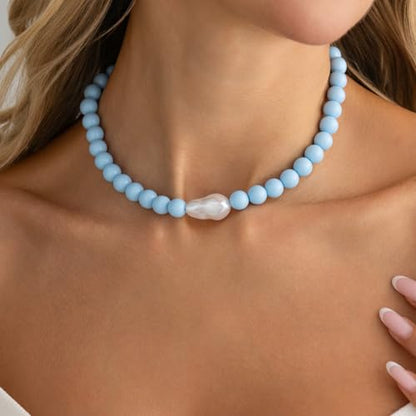 Colorful Faux Baroque Pearl Resin Beaded Choker Necklace Summer Tropical Jewelry for Women - color: Blue