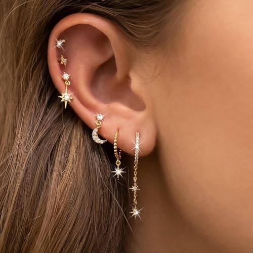 Gold Plated Ear Cuff Earrings for Women Non Piercing - Hypoallergenic Ear Cuffs Silver/Gold Non Tarnish Clip on Cartilage Earrings Fake Earring Set - color: D6:moon and star earrings