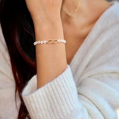 Dainty Gold Plated Pearl Crystal Beaded Bracelets Set for Women 14K Gold Plated Bead Pearl Beads Bracelet Stackable Paperclip Link Chain Bracelets Gold Plated Bracelets for Women Trendy Jewelry - color: Style3-daisy bracelet-1