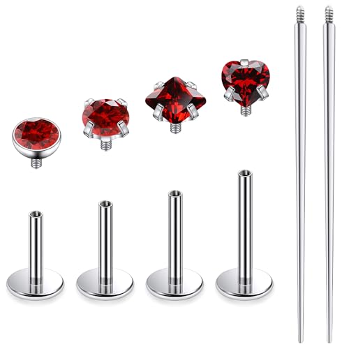 Titanium Flat Back Lip Rings Internally Threaded Earrings Studs Nose Rings 20G 18G 16G Round Heart Square CZ Tragus Cartilage Lobe Rook Helix Conch Labret Medusa Piercing Jewelry for Women Men - color: Red CZ, size: 16G-6/8/10mm