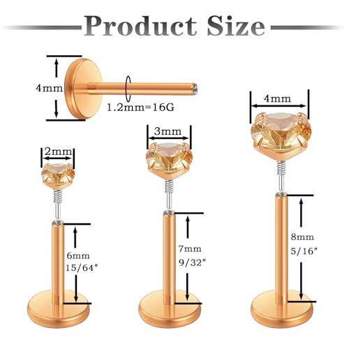Gotumo 20G 18G 16G Flat Back Earrings Stud Nose Ring Titanium Internal Thread Tragus Labret Cartilage Lip Medusa Conch Body Piercing Jewelry Nose Stud Hypoallergenic for Women Men - color: Rose Gold, size: 16G Bar-6/7/8mm & CZ-2/3/4mm