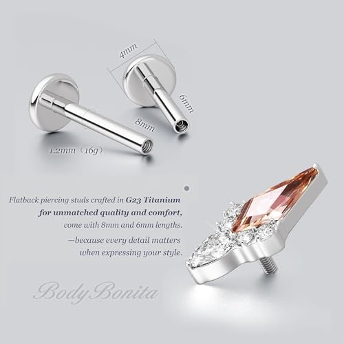 G23 Titanium 16G Tragus Conch Piercing Jewelry Flat Back Stud Earrings | Hypoallergenic CZ Nose Dangle Helix Medusa Lip Labret Body Piercing Jewelry, 14K Gold Plated, Silver, 6 and 8 mm Post Length - color: Majesty-Titanium