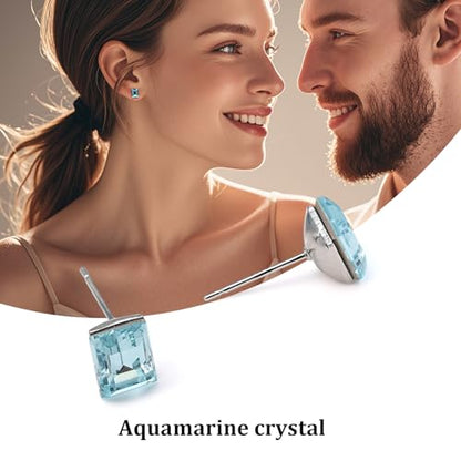 Rectangle Aquamarine Blue Crystal Sterling Silver Stud Earrings Sparkly Gemstone Dainty Fashion Jewelry for Women