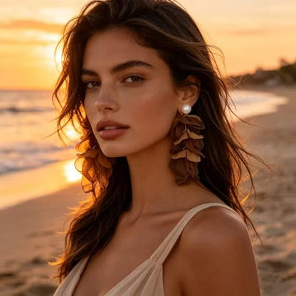 Handmade Bohemian Lightweight Fabric Flower Dangle Drop Earrings Chic Pearl Large Tassel Petal Stud Earrings For Women - color: Brown