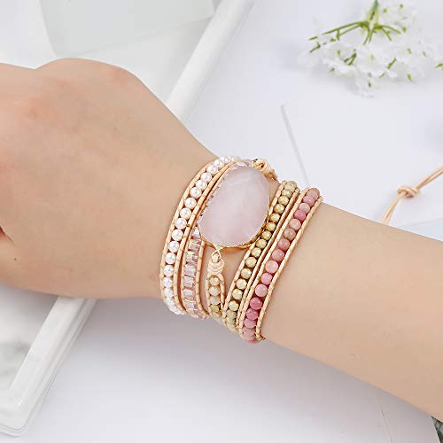 Plumiss Women Boho Handmade Natural Stone Crystal Leather Bead Wrap Bracelets Collection - style: Rose Quartz 5W