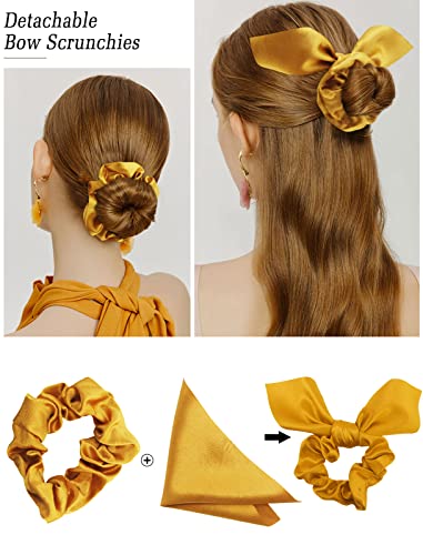Jaciya Hair Scrunchies Silk Bow Scrunchies Cute Bunny Ear Hair Ties | 6 Pack Bow Hair Scrunchy Bands Elastic Satin Hair Ties with Bow Gentle Accessories for Sleep Work Everyday Hairstyling - color: Champaign/White/Yellow/Maroon/Red/Blue