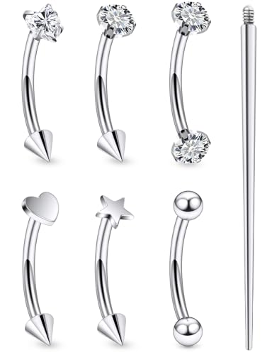 16G Eyebrow Ring Piercing Jewelry Surgical Steel Internal Thread CZ Heart Star Vertical Labret Lip Ring Rook Daith Earrings Belly Button Ring Piercing Jewelry for Women Silver Black Gold - color: Silver, size: 16G, 8mm Length, 3mm CZ