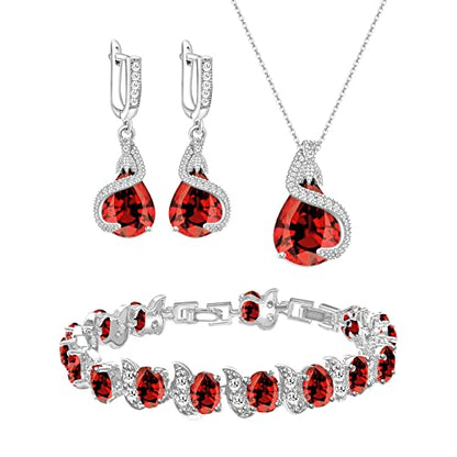 GZWHD Jewelry Set for Women Water Drop Cubic Zirconia Artificial Crystal Earrings Pendant Necklace Open Ring Tennis Bracelet Wedding Anniversary Birthday Engagement Gift for Bridesmaid Wife Girlfriend Friend - color: Garnet-No Ring
