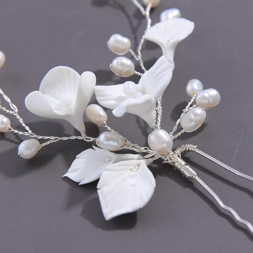 Handmade White 3D Pinch Flower Bridal Hair Pins Freshwater Pearls Wedding Bridal Hair Accessories for Bridesmaids Women and Girls