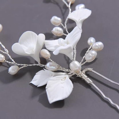 Handmade White 3D Pinch Flower Bridal Hair Pins Freshwater Pearls Wedding Bridal Hair Accessories for Bridesmaids Women and Girls