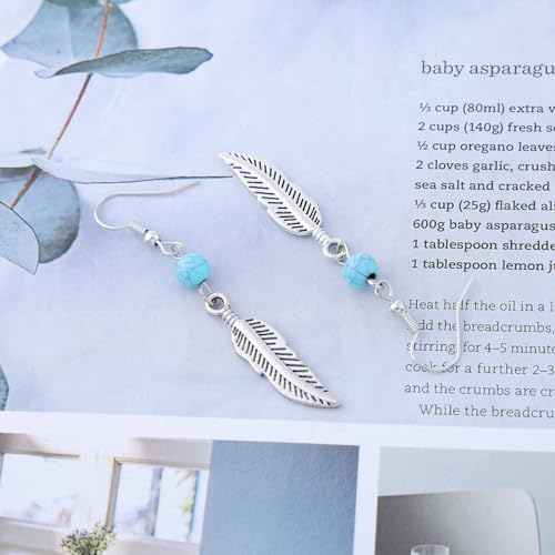 Vintage Turquoise Bead Feather Earrings Silver Feather drop Earrings Turquoise Dangle Hook Earrings Turquoise Feather Earrings Jewelry for Women