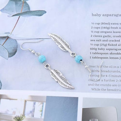 Vintage Turquoise Bead Feather Earrings Silver Feather drop Earrings Turquoise Dangle Hook Earrings Turquoise Feather Earrings Jewelry for Women