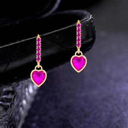 Sparkly Crystal Love Heart Dangle Drop Earrings Dainty Rhinestone Tiny Heart Huggie Hoop Earrings For Women - color: Rose Red