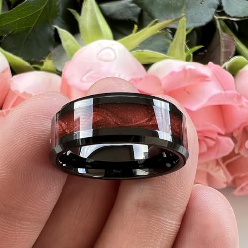 TUTISS 8mm Black Tungsten Rings for Men Women Flowing Sand Inlay Fashion Engagement Promise Wedding Band Beveled Polished Shiny Comfort Fit - color: 8mm Red Sand
