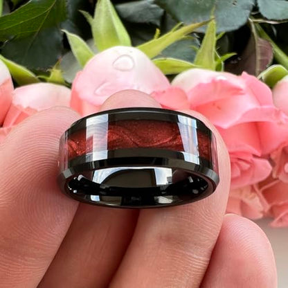 TUTISS 8mm Black Tungsten Rings for Men Women Flowing Sand Inlay Fashion Engagement Promise Wedding Band Beveled Polished Shiny Comfort Fit - color: 8mm Red Sand