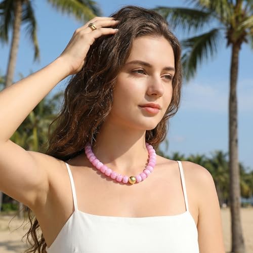 Badu Colorful Chunky Beaded Choker Necklace, Acrylic Colorful Bead Statement Necklaces, Adjustable Summer Beach Jewelry Gift for Women - color: Pink