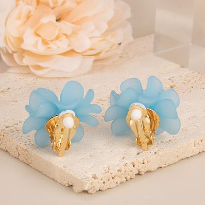 LAXPICOL Fashion Flower Clip On Earrings For Women Cute Lovely Acrylic Flower Earrings No piercing Earrings - color: blue