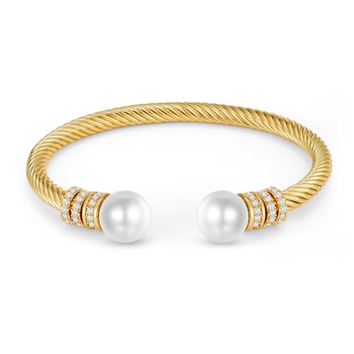 WOWORAMA Twisted Cable Wire Bracelets Two Tone Bangle Bracelet for Women | Stainless Steel, Unisex Gold Silver Bracelet, Mixed Metal Chunky Bangles Jewelry - color: Gold Pearl