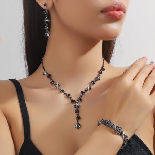 Prom Earrings Necklace Bracelet Set Elegant Crystal Rhinestone Necklace Earrings Bracelet Bridal Wedding Prom Dresses Costume Outfit Gold Jewelry Sets for Women - color: Black B