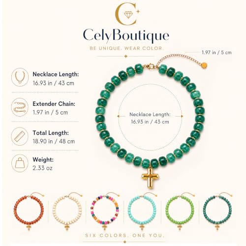 Colorful Resin Chunky Beaded Necklace for Women Modern Statement Choker Necklace with Gold Tone Cross Pendant Boho Summer Jewelry Gift - color: Emerald Green-1