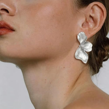 OGD Chunky Gold Statement Earrings For Women Trendy Gold Plated Sectored Flower Leaf Angel Wing Earrings Large Stud Jewlery Hypoallergenic - color: Flower-Silver