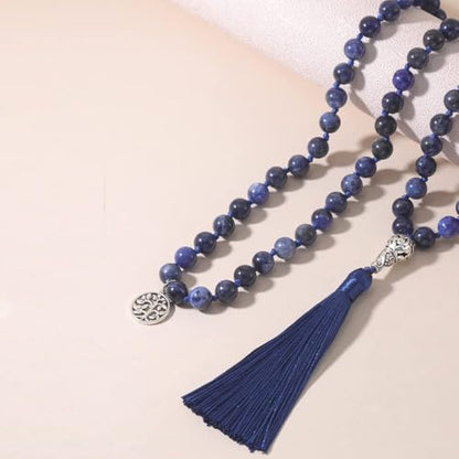 108 Mala Beads Necklace Semi-Precious Gem Stones Meditation Necklace 108 Hand Knotted Japa Mala Beaded Tassel Necklace with Tree of Life Pendant - color: Flower Blue-Veins