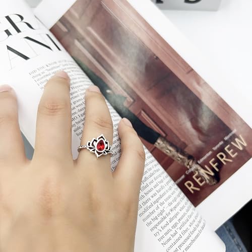 Lotus Ring for Women - Zircon Inlaid Flower Promise Ring - My Trauma Inspirational Statement Floral Jewelry Gift - color: red