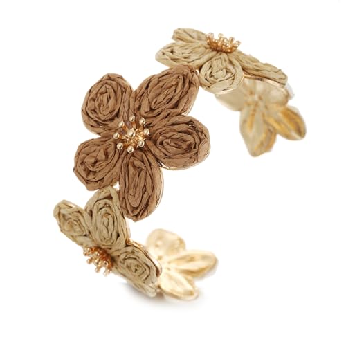 RUOFFETA Raffia Flower Cuff Bracelet for Women, Floral Chunky Bangle Wide Open Cuff Statement Bracelet - color: Beige Ombre