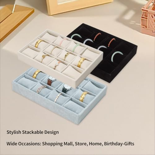 Jewelry Watch Tray, Black Velvet Watch Jewelry Organizer 12 Grid, Stackable Watch Bracelet Bangle Display Holder, Adjustable Pillows, for Man Woman Show Birthday - color: Black
