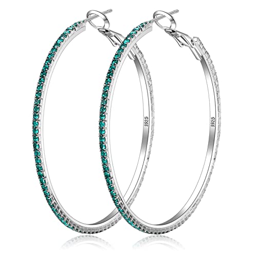 925 Sterling Silver Earrings Large Rhinestone Hoop Earrings Big Cubic Zirconia Hoop Earrings Thin Rhinestones Round Hoop Earrings for Women 20/30/40/50/60/70mm Sparkly Hoops With Crystals for Womens - color: green,50mm