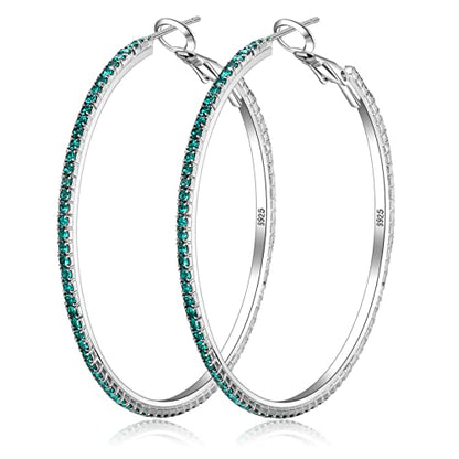 925 Sterling Silver Earrings Large Rhinestone Hoop Earrings Big Cubic Zirconia Hoop Earrings Thin Rhinestones Round Hoop Earrings for Women 20/30/40/50/60/70mm Sparkly Hoops With Crystals for Womens - color: green,50mm