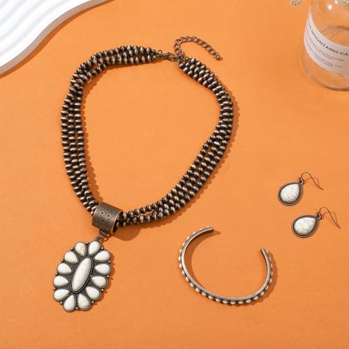 NEWITIN 4 Pieces Silver Bohemian Jewelry Set for Women Fashion Costume Jewels Turquoise Necklace Bracelet Earrings Western Turquoise Jewelry Set for Women - color: White Turquoise A