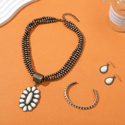 NEWITIN 4 Pieces Silver Bohemian Jewelry Set for Women Fashion Costume Jewels Turquoise Necklace Bracelet Earrings Western Turquoise Jewelry Set for Women - color: White Turquoise A