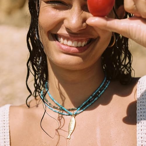 Boho Fish Necklace for Women - Blue Natural Stone Fish Pendant Necklace, Bohemian Beach Jewelry Colourful Jewelry for Summer Vacation - color: Blue