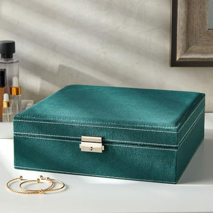 Juvale Velvet Jewelry Box Organizer - 10.5 x 10.5 x 3.5 in, Green - Lockable 2-Tier Travel Jewelry Case & Earring Storage - Removable Tray & Built-In Necklace Organizer - color: Green
