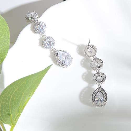 Women's Cubic Zirconia Bridal Earrings - Elegant Long Wedding Party Prom Earring for Bride Bridesmaids Crystal CZ Rhinestone Chandelier Statement Dangle Drop Earrings for girls - color: Clear-silver