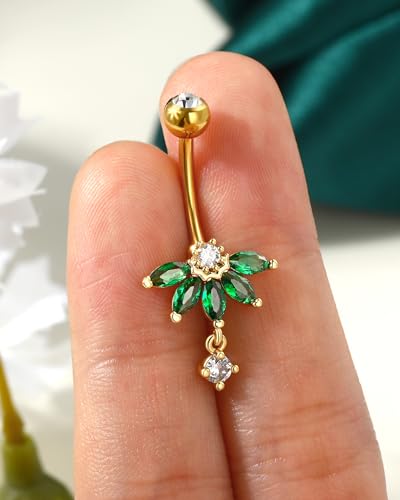 Lotus Belly Button Rings, 14G Dangle Belly Navel Rings for Women, Stainless Steel Belly Navel Piercing Jewelry - color: YGGR-10MM