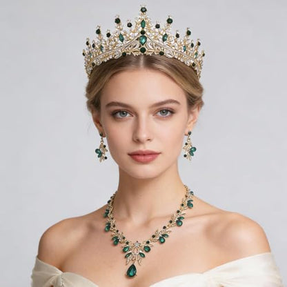 Women Tiaras and Crowns Bridal Jewelry Set with Rhinestones, Gold Plated Floral Necklace Tiara and Earrings, Wedding Birthday Party Accessories - color: Gold Green