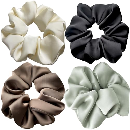 Big Satin Scrunchies for Women, 5.2 Inches Large Scrunchie, Silk Elastic Ponytail Holders for Girls, Jumbo Hair Ties for Thick/Curly Hair, Soft Scrunchy No Crease No Pilling, 4 Pack - color: Black+Brown