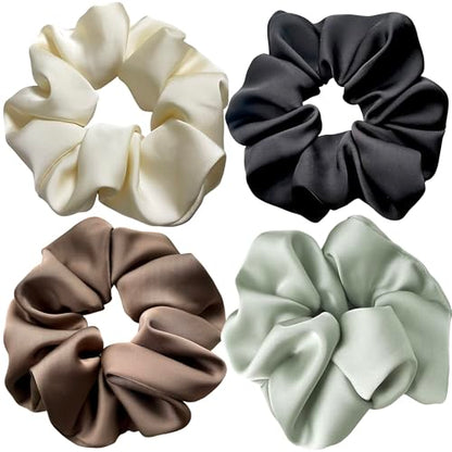 Big Satin Scrunchies for Women, 5.2 Inches Large Scrunchie, Silk Elastic Ponytail Holders for Girls, Jumbo Hair Ties for Thick/Curly Hair, Soft Scrunchy No Crease No Pilling, 4 Pack - color: Black+Brown