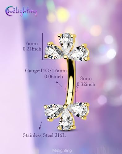 Melighting 14G Double Teardrop CZ Gold Belly Button Ring 316L Surgical Steel Navel Ring 3 Stone Drop Design Belly Bar Piercing Jewelry for Women 8 mm/10 mm - color: Gold, size: 14G8mm