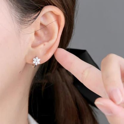 Flower Hoop Huggie Earrings for Women Small Crystal Cubic Zirconia Flower Hoops Earrings Cartilage Earrings Trendy Kawaii Cute Little Hoop Earrings Wedding Statement Gift Jewelry - color: Silver