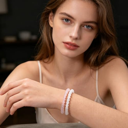 2PCS Agate Bracelet for Women Men Natural Round Beaded Agates Stone Healing Stretch Bracelets Elastic Handmade Polished Gemstone Beads Bracelet - color: White+Pink Quartz, size: 6mm Beads