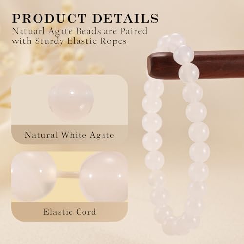 Agate Round Beaded Bracelet for Women Men Natural Agates Stone Healing Bracelets Stretch Elastic Handmade Polished Gemstone Beads Bracelet - color: White, size: 8mm Beads