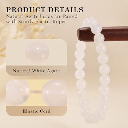 Agate Round Beaded Bracelet for Women Men Natural Agates Stone Healing Bracelets Stretch Elastic Handmade Polished Gemstone Beads Bracelet - color: White, size: 8mm Beads
