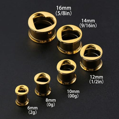 ARTFAN Ear Gauges Plugs - 2PCS Stainless Steel Tunnels for Stretched Ears, Cute Heart Ear Plugs Gauges for Women Men, Hypoallergenic Body Piercing Jewelry - size: 2g (6mm)